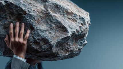 Person wearing suit is struggling to carry large heavy rock on their shoulder, symbolizing burden and effort in dramatic setting