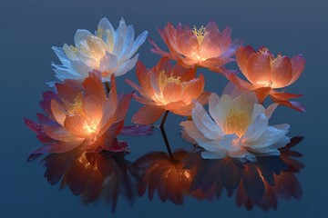 Illuminated Lotus Flowers on Water Serene Night Setting Nature Photography Tranquil Environment