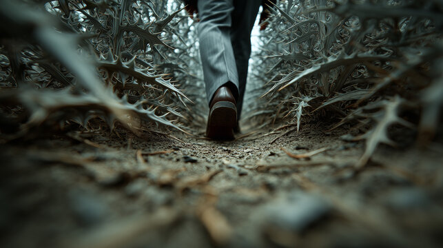 Person walking through narrow path surrounded by sharp, thorny plants, creating tense and cautious atmosphere with focus on shoe sole and dry ground