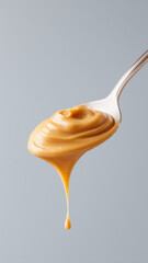 Creamy peanut butter dripping from spoon with smooth texture and rich color