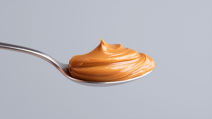 Creamy peanut butter on spoon close-up with smooth texture and rich color