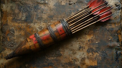 Antique quiver with arrows on rustic background.