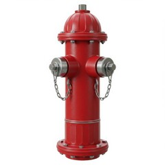 Isolated red fire hydrant with silver caps and chains on a white background