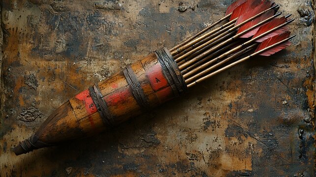 Antique quiver with arrows on rustic background.