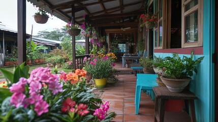 A beautiful porch adorned with flowers and potted plants