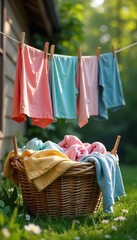 A rustic clothesline laundry basket overflowing with freshly laundered clothes, ready to be hung Perfect for a spring cleaning or laundry day theme , chore, bright