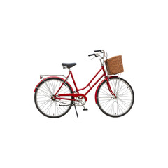 Fototapeta premium Red bicycle with basket on back wheel, vintage-style city commuter on white