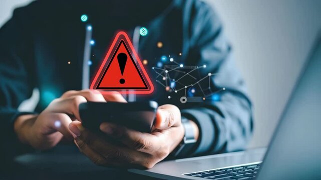 Unidentified person uses a smartphone with a red warning sign, possibly a system error or security breach alert.
