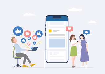 SNSへの投稿記事が若者の間でバズって驚くビジネスマン男性・SNS crisis