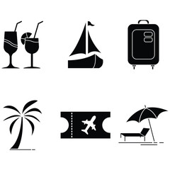  A summer travel glyph icon featuring sunshine, a suitcase, palm trees, and waves—symbolizing adventure, relaxation, and tropical destinations under the warm sun