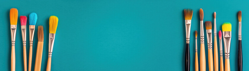 Fototapeta premium Artistic tools and paintbrushes arranged on vibrant teal background, showcasing creativity and color