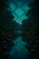 The glowing aurora above features traditional Baduy weaving patterns, flowing over lush, sacred forest