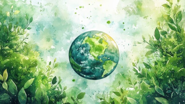Watercolor painting of Earth surrounded by lush green leaves, symbolizing nature, environment, and a healthy, sustainable planet.