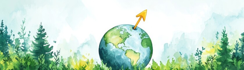 Naklejka premium A watercolor illustration of Earth surrounded by lush green forests with an upward yellow arrow symbolizing environmental growth or progress.