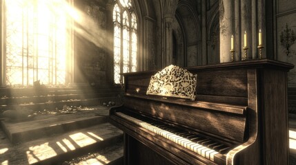 Obraz premium An old piano is in a church bathed by bright sunlight