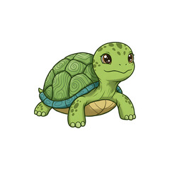 Fototapeta premium Cute cartoon turtle with green shell and smiling face, isolated on white background