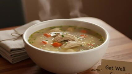 Warm Chicken Soup Steaming on Wooden Table Comfort Food Concept