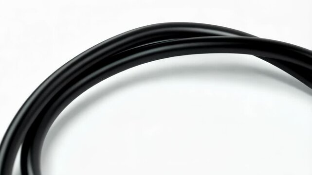 Black universal serial bus cable in a looped arrangement on bright white background with visible plug end and connector close up