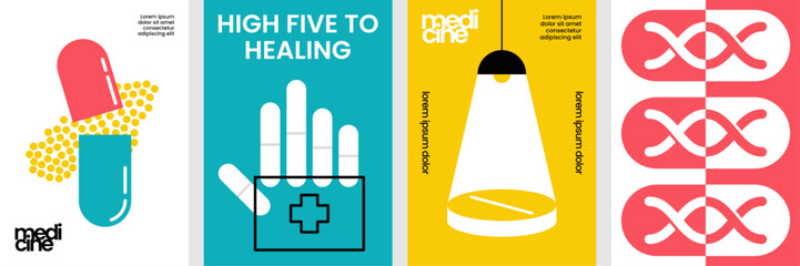 Medical care poster collection with pills, first aid kit, healing symbols, and modern flat style for health and wellness campaigns.