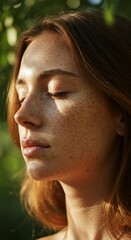 Close-up of a young woman meditating, eyes closed with sunlight filtering through leaves onto her freckled face, detailed skin texture and loose hair strands blowing slightly