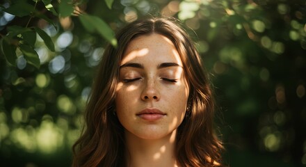 Close-up of a young woman meditating, eyes closed with sunlight filtering through leaves onto her freckled face, detailed skin texture and loose hair strands blowing slightly