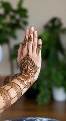Over-the-shoulder close-up of yoga instructor's hands in 'Anjali Mudra' (prayer position), henna tattoos visible, shallow depth-of-field showing studio plants in background.