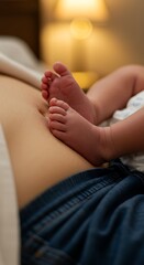 Touching close-up of a newborn's feet resting on their mother's stomach, stretch marks and C-section scar visible, warm bedroom light creating intimate atmosphere