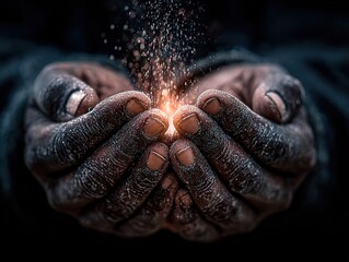 Obraz premium Soiled Hands Cradling Ascending Golden Particles, Textured Skin Glow Against Deep Void