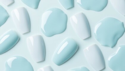 Nail polish swatches in light blue and white on a smooth surface  