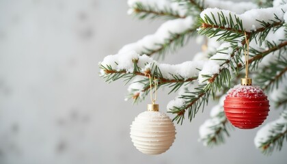 Christmas ornaments hanging on snowy pine tree branches  