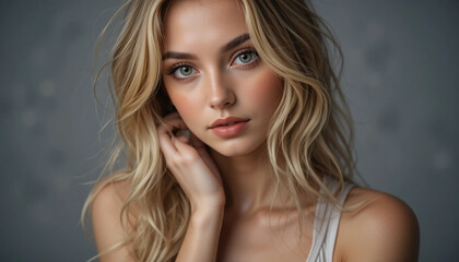 Naklejka premium Portrait of Woman with Blonde Wavy Hair and Hand Near Face