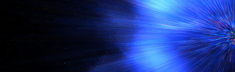 Abstract background of bright blue light rays and scattered particles bursting outwards from the right on a dark backdrop. Representing speed, technology, data, and futuristic energy. 3D render