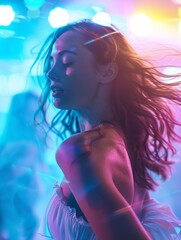 Woman dancing in neon light with hair flowing.