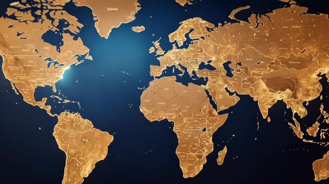 Detailed world map illustration with continents and countries in golden tones against a deep blue background, conveying a sense of global scale and connection.