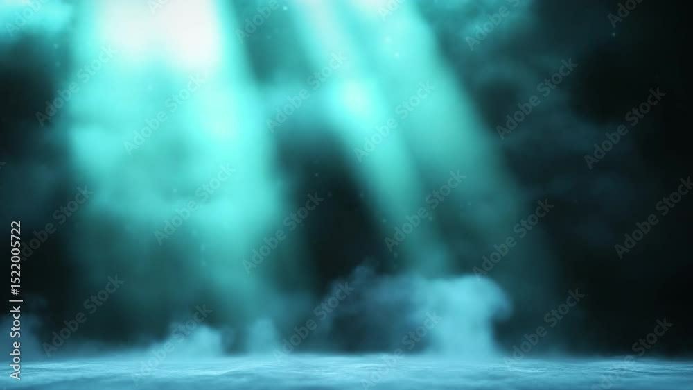 Poster mysterious beams: evokes a feeling of curiosity, with strong beams of light piercing through a dark 