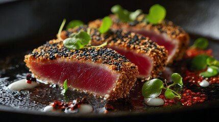 close-up shot of seared tuna steak on cast iron skillet, sesame crust, rare center, gourmet plating feel