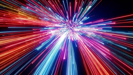 Vibrant streaks of colorful light burst from a central point, creating a dynamic, energetic explosion effect on a dark background - Powered by Adobe