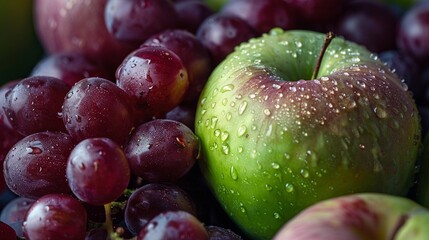 Close-up of grapes and green apple with water drops.