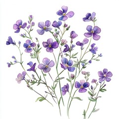 Watercolor Painting of a Delicate Bouquet of Purple Flowers on White Background