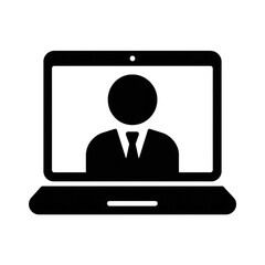 A person in a suit appears on a laptop screen, representing a video call or online meeting.
