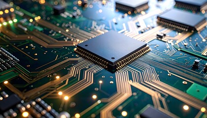 Close-up of a circuit board with intricate pathways and components