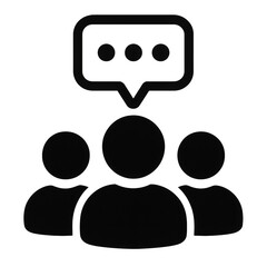 Three people icons with a speech bubble above them, indicating group discussion or communication.