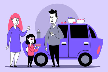 Family standing near parked car enjoying snacks and drinks. Woman and man smiling while girl sharing food, creating joyful atmosphere outdoors