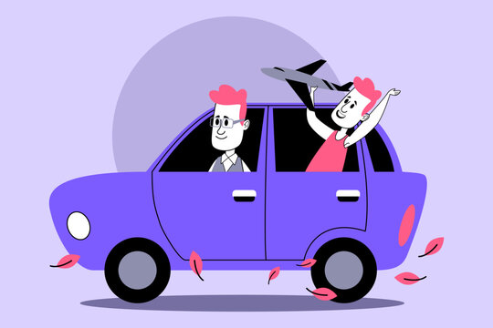 Fototapeta Father and son going on road trip in vibrant purple car. Boy joyfully holding toy plane while man driving with smile, surrounded by falling leaves