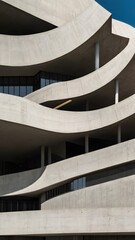 Fototapeta premium Modern Architectural Curves: An eye-level shot of a striking modern building, its innovative design featuring fluid, layered concrete forms that create a mesmerizing play of light and shadow.