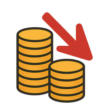 Stacks of coins with a red downward arrow indicating a decrease in value or savings.