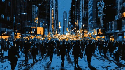 A bustling city street at night