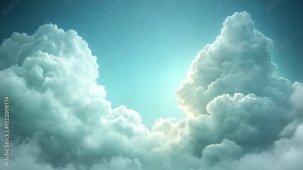 Poster Skyward Dreamscape: Sunlit clouds drift serenely, creating a calming atmosphere in a boundless canvas of azure and celestial harmony.