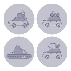 Collection of line icons with cars engaged in different travel activities. Each car represented in simple design, showing luggage, bicycle, and more, set against minimalist backdrop