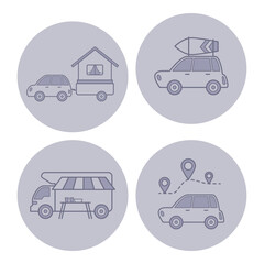 Four simple line icons of various travel scenarios, including car with trailer, car with roof item, food truck, and vehicle navigating map. Road adventures concept